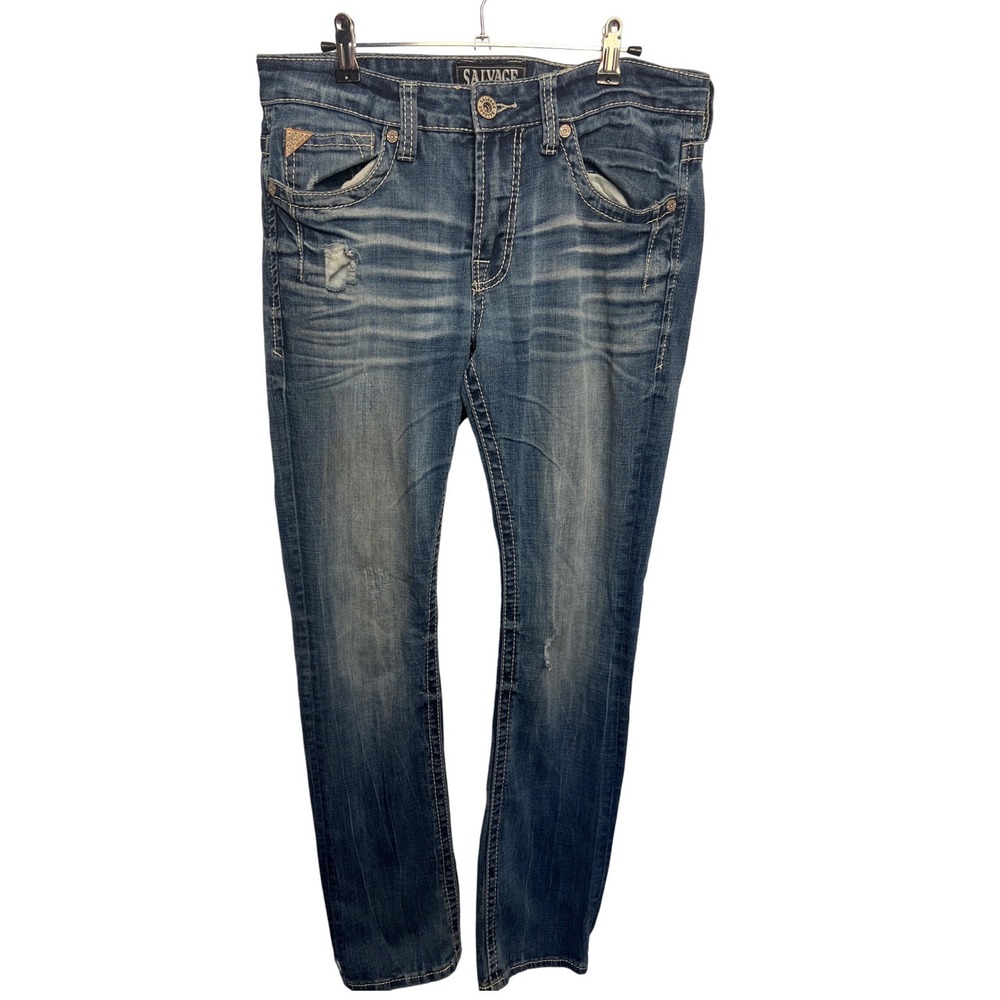 Salvage Havoc Slim Straight Men's Distressed Blue Jeans 32x32 Grunge Rocker